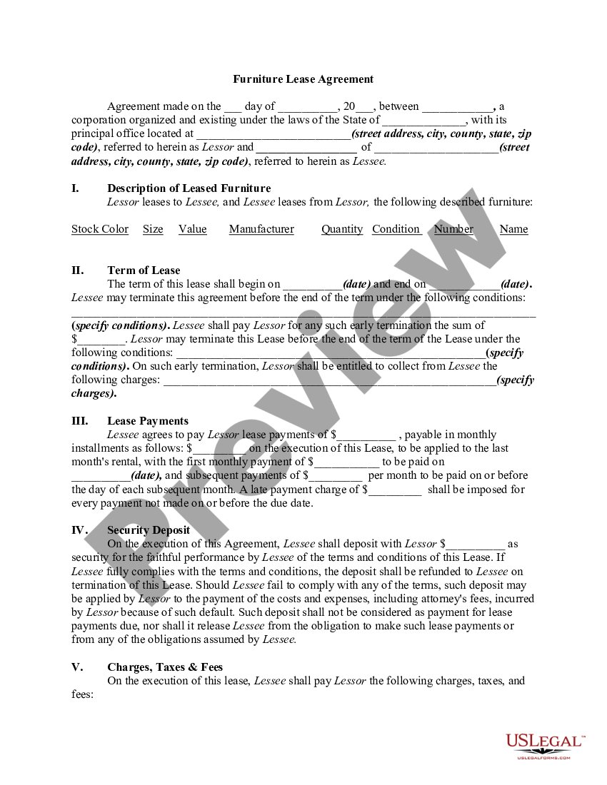 Furniture Lease Agreement Furniture Agreement Document US Legal Forms