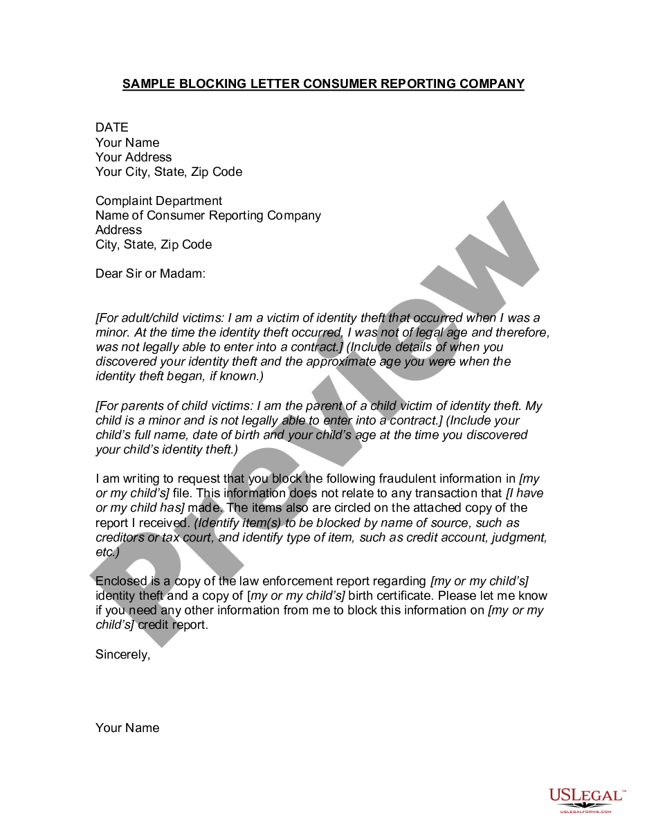 page 0 Letter to Credit Reporting Company or Bureau Regarding Identity Theft of Minor preview