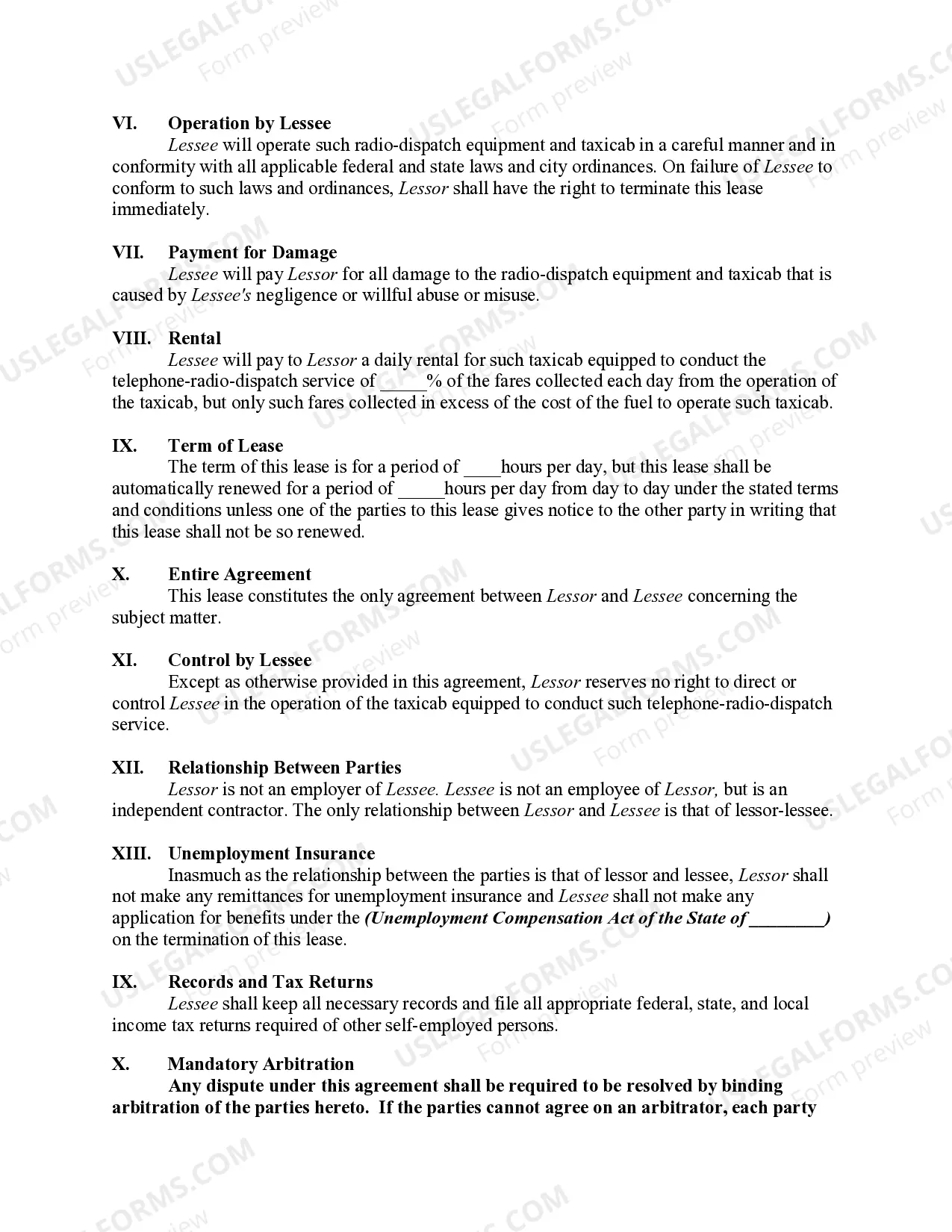 Preview Lease of Taxicab