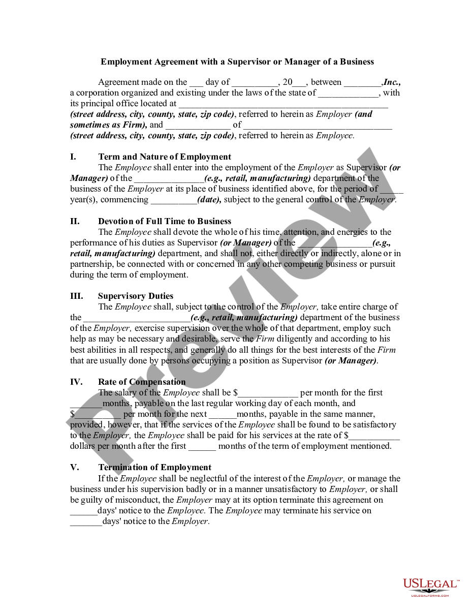 page 0 Employment Agreement with a Supervisor or Manager of a Business preview