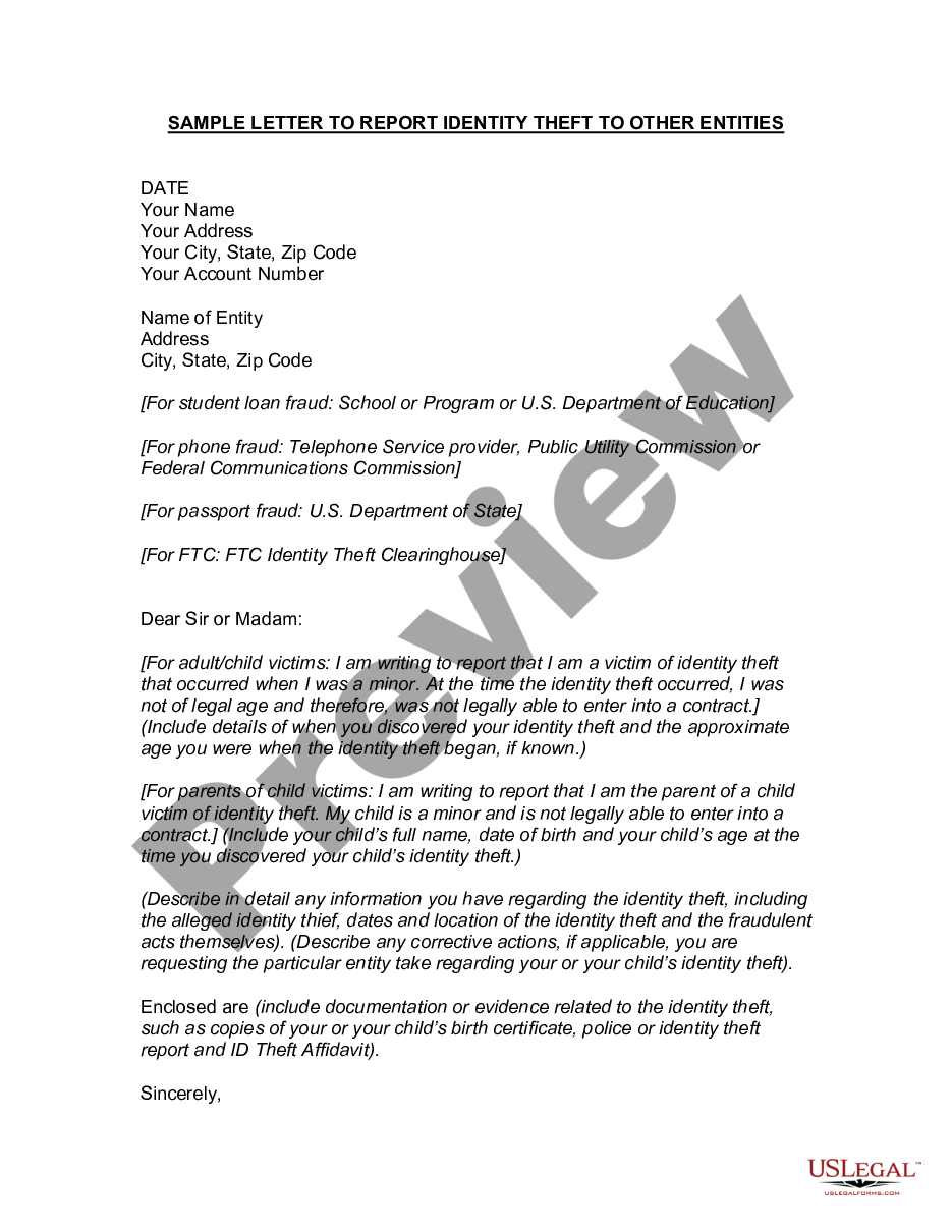 page 0 Letter to Other Entities Notifying Them of Identity Theft of Minor preview