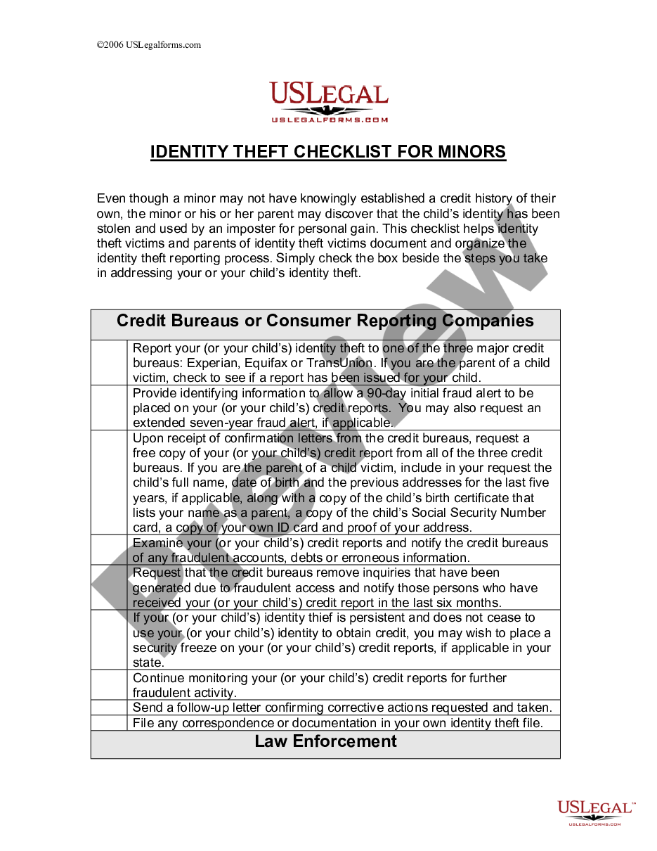 page 0 Identity Theft Checklist for Minors preview