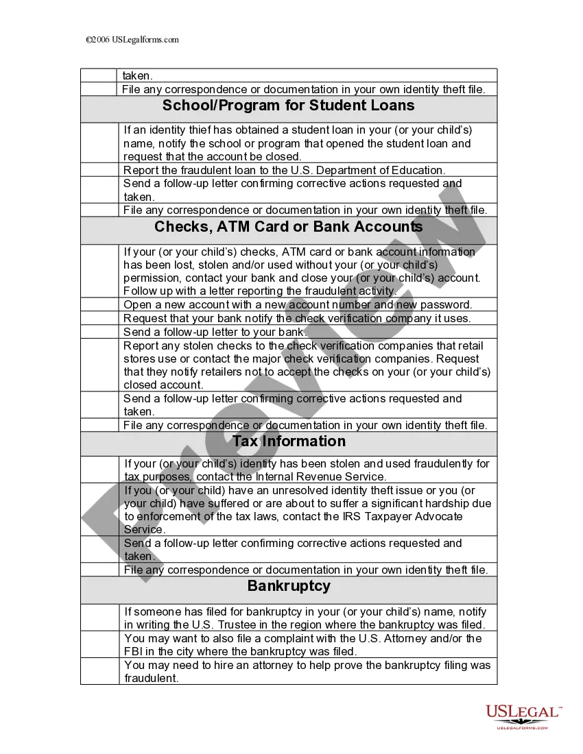 Get Identity Theft Checklist for Minors Preview Identity Theft Checklist for Minors