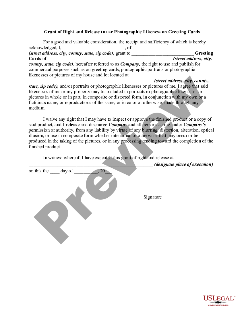 form Grant of Right to Photography and Release to use Photographic Likeness on Greeting Cards preview
