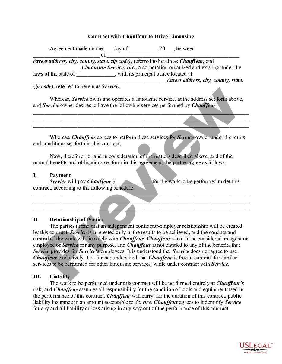 page 0 Contract with Chauffeur to Drive Limousine preview