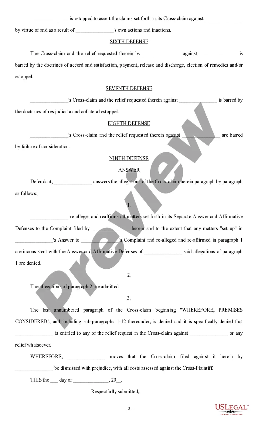 Get Separate Answer and Affirmative Defenses to Crossclaim Preview Separate Answer and Affirmative Defenses to Crossclaim