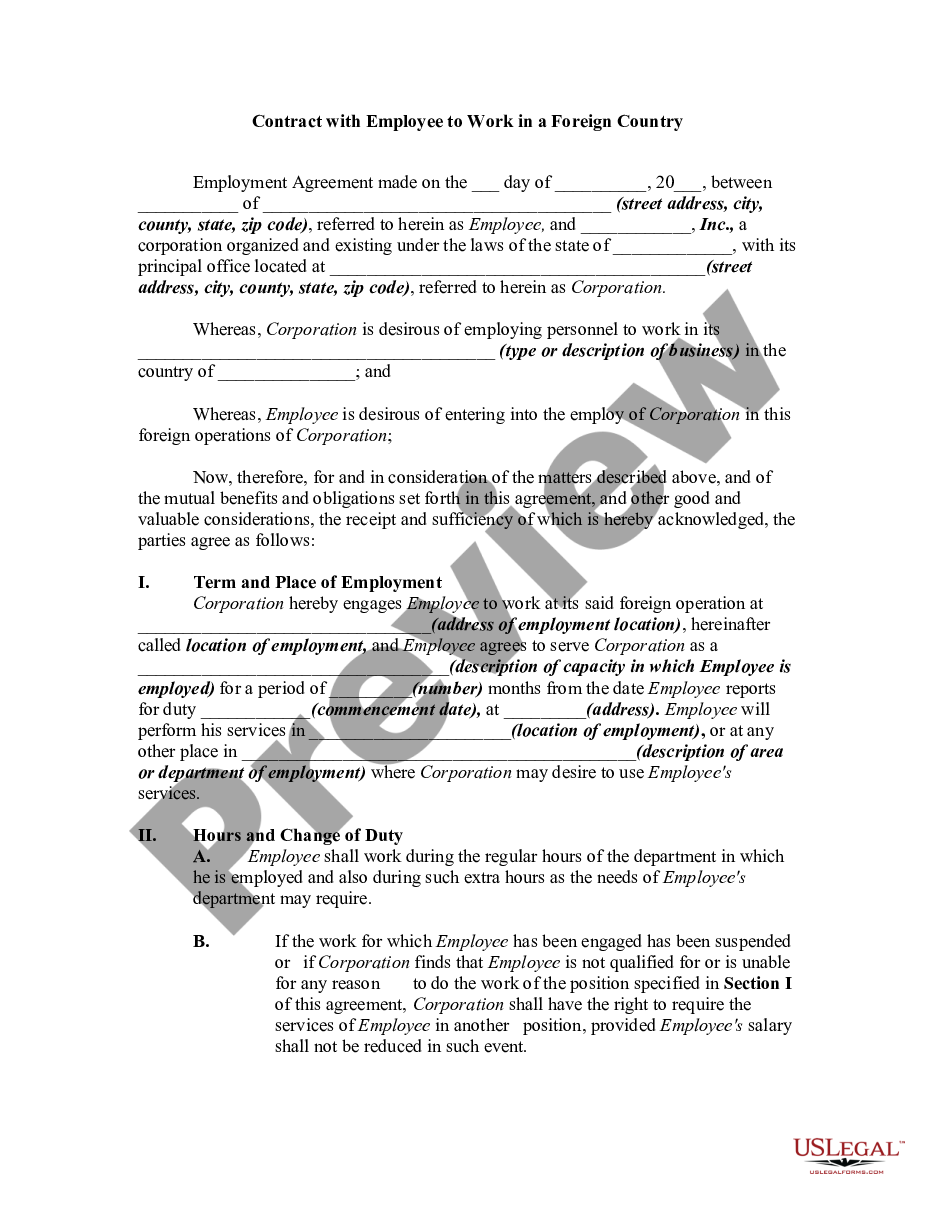 page 0 Contract with Employee to Work in a Foreign Country preview
