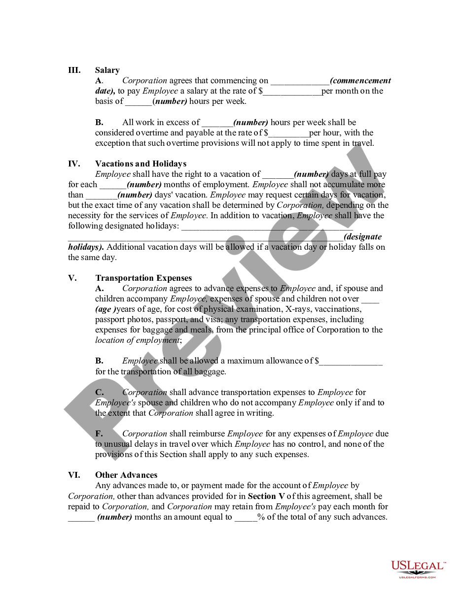 page 1 Contract with Employee to Work in a Foreign Country preview