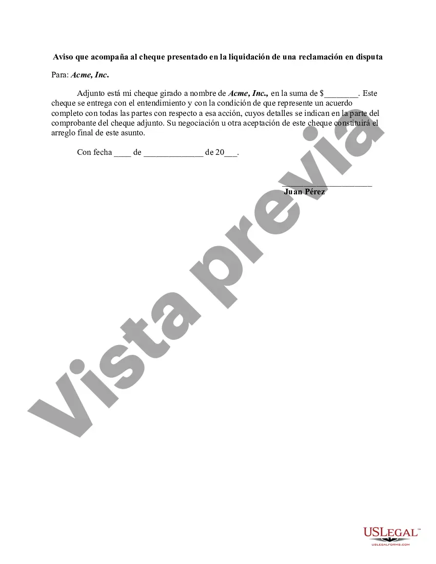 Preview Aviso que acompaña al cheque presentado en la liquidación de una reclamación en disputa