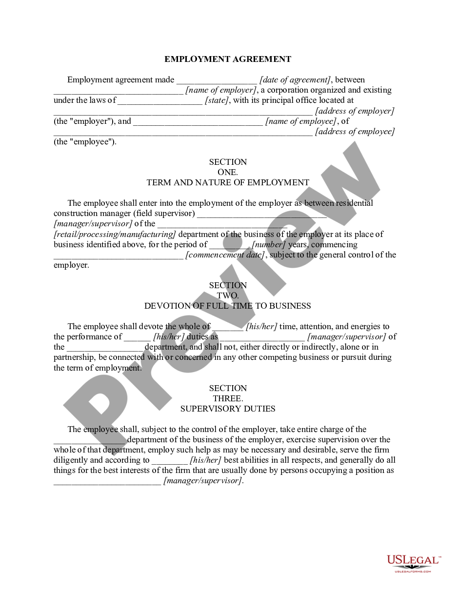 page 0 Employment Agreement with a Residential Construction Manager - Field Supervisor preview