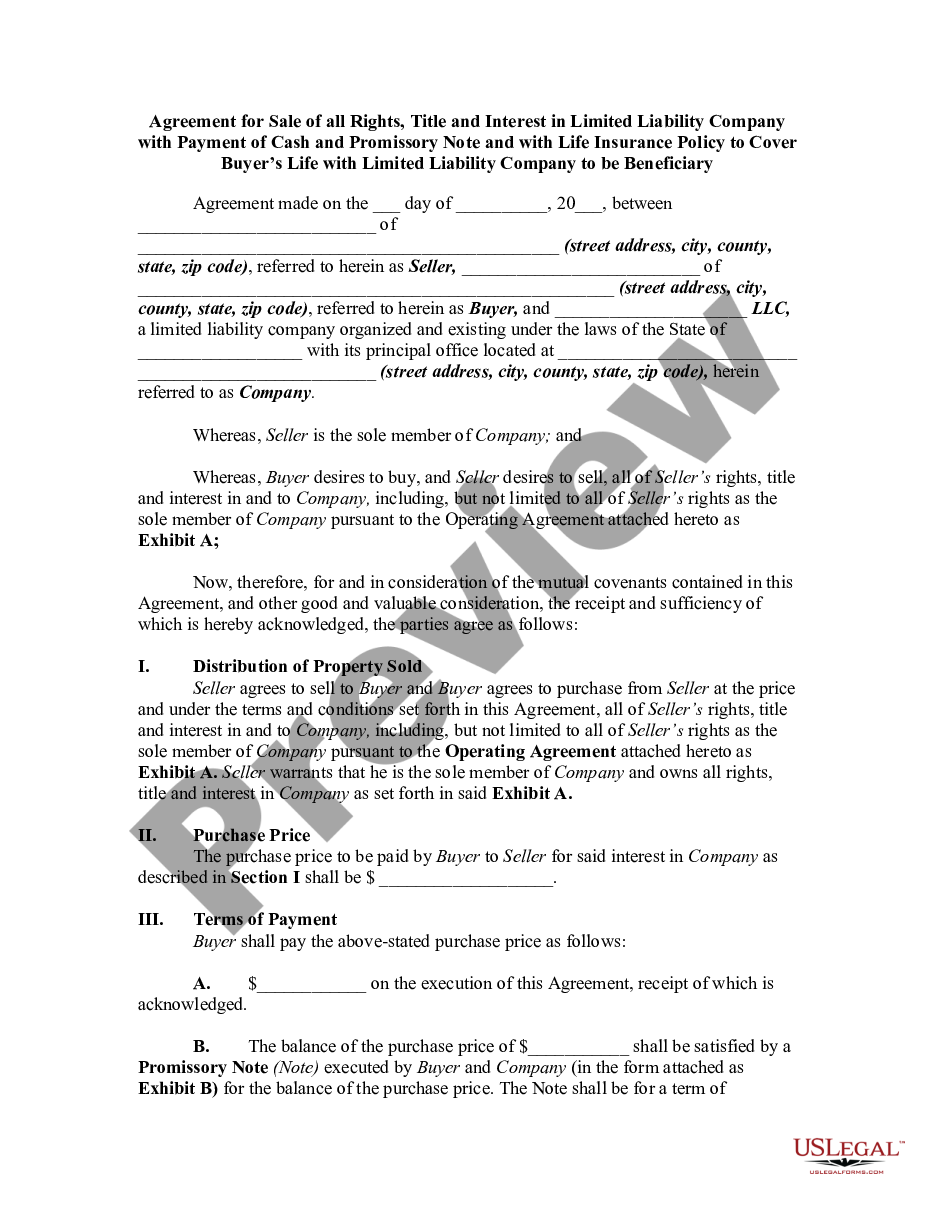 page 0 Agreement for Sale of all Rights, Title and Interest in Limited Liability Company LLC preview