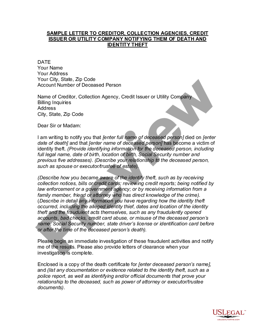 Hillsborough Florida Letter To Creditor Collection Agencies Credit Issuer Or Utility Company 