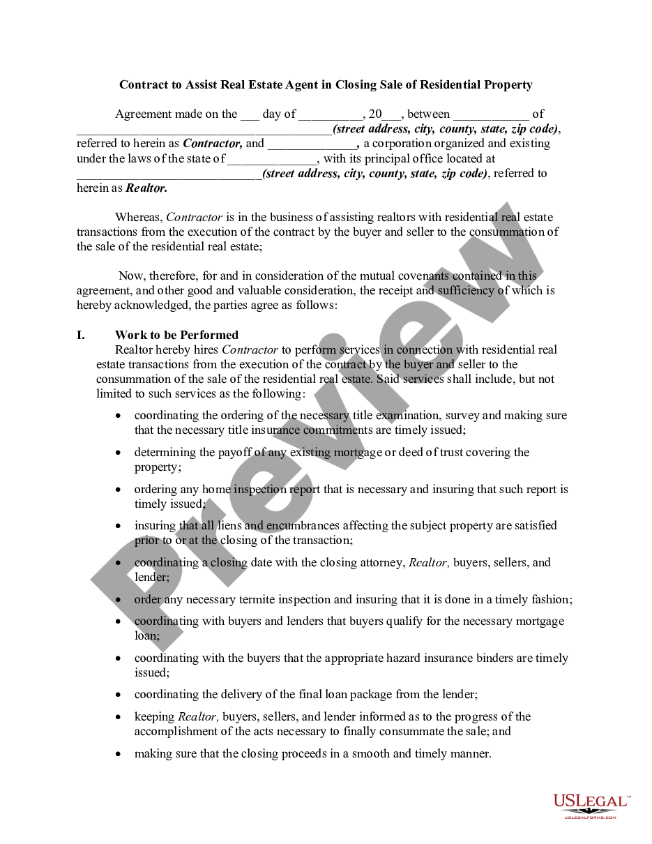 page 0 Contract to Assist Real Estate Agent or Realtor in Closing Sale of Residential Property preview