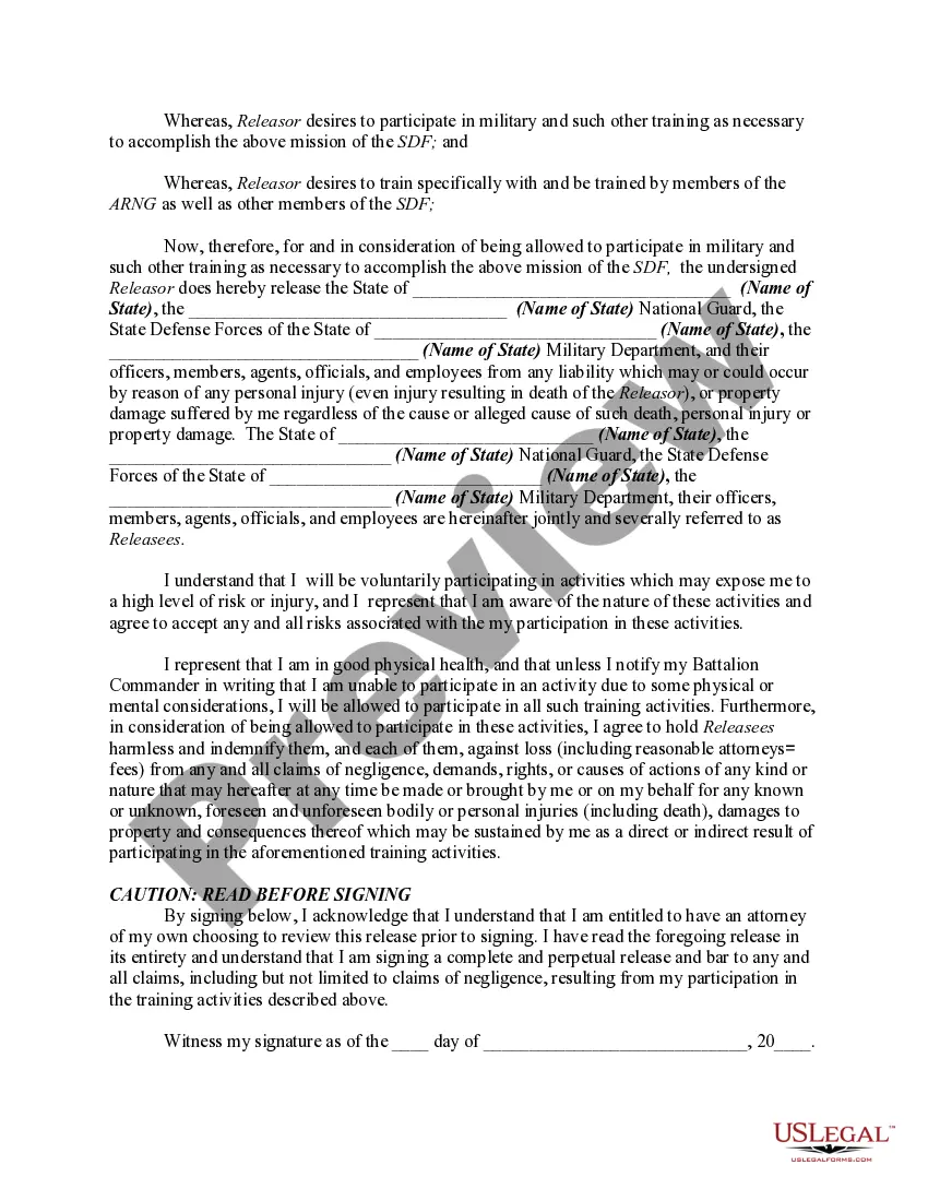 Get Release from Liability by Member of the State Defense Force from Liability Regarding Training Activities with the National Guard Preview Release from Liability by Member of the State Defense Force from Liability Regarding Training Activities with the National Guard