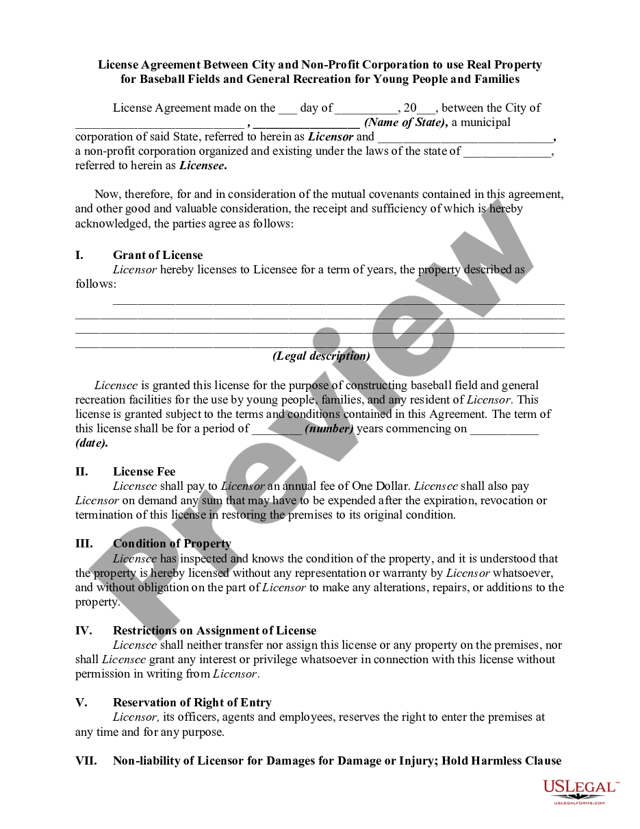page 0 License Agreement Between City and Nonprofit Corporation to use Real Property for Baseball Fields and General Recreation for Young People and Families preview