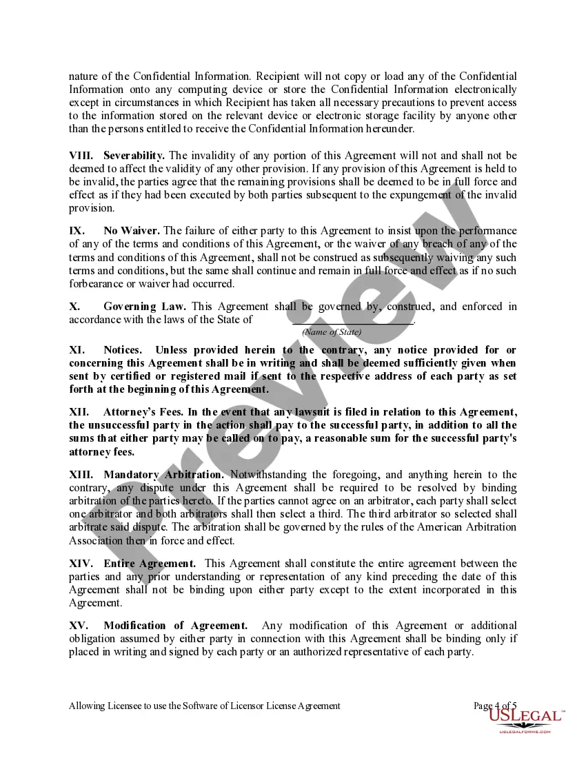 Preview Allowing Licensee to use the Software of Licensor License Agreement between Licensor and Licensee