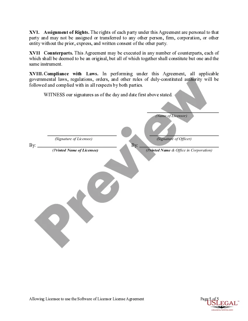 Preview Allowing Licensee to use the Software of Licensor License Agreement between Licensor and Licensee