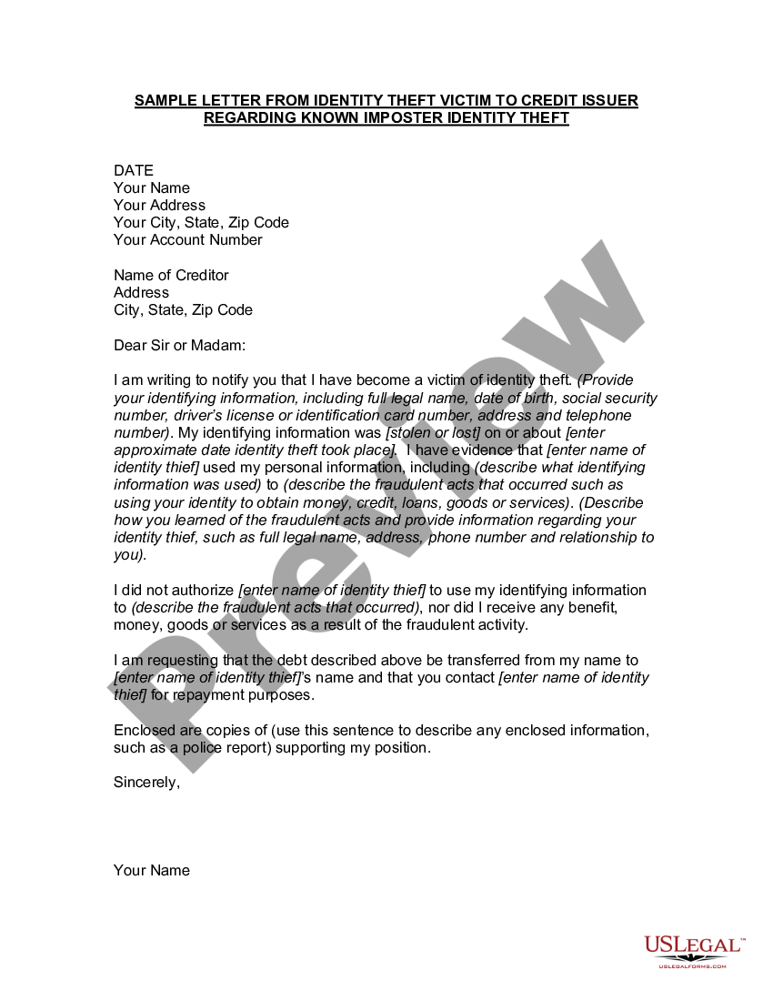 Letter From Identity Theft Victim To Credit Issuer Regarding Known Imposter Identity Theft Us 0667