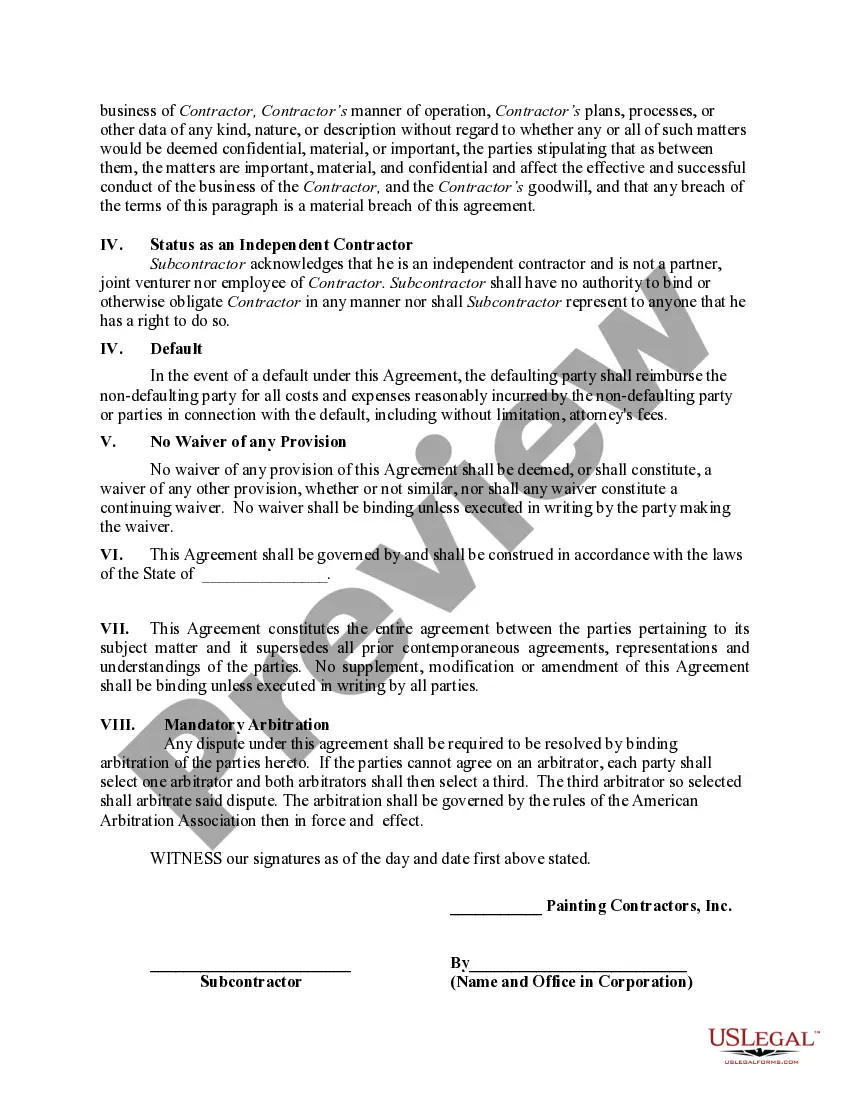 Preview Agreement by Self-Employed Independent Contractor or Subcontractor Not to Bid Against Painting General Contractor