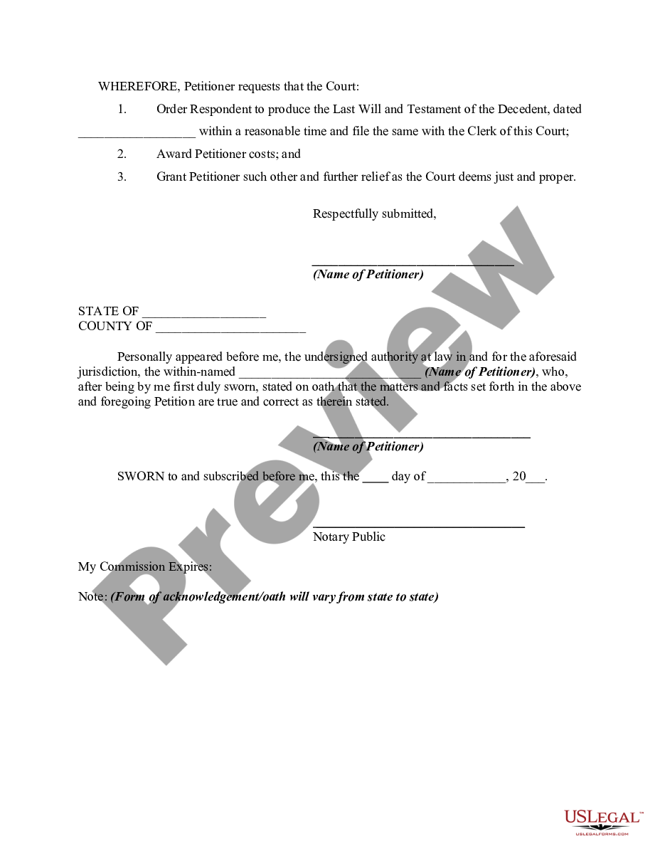 page 1 Petition For Order Requiring Production of Will preview