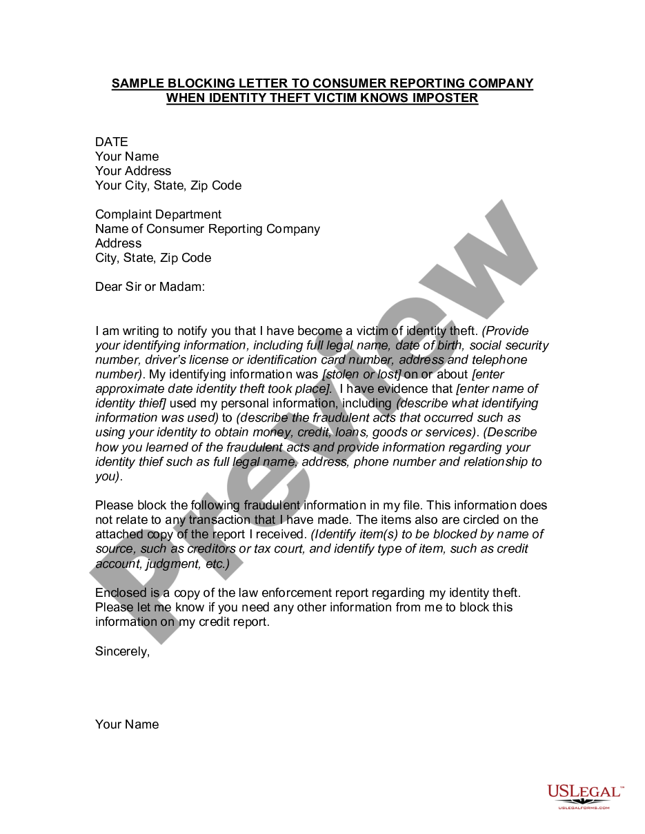 page 0 Letter to Credit Reporting Company or Bureau Regarding Known Imposter Identity Theft preview