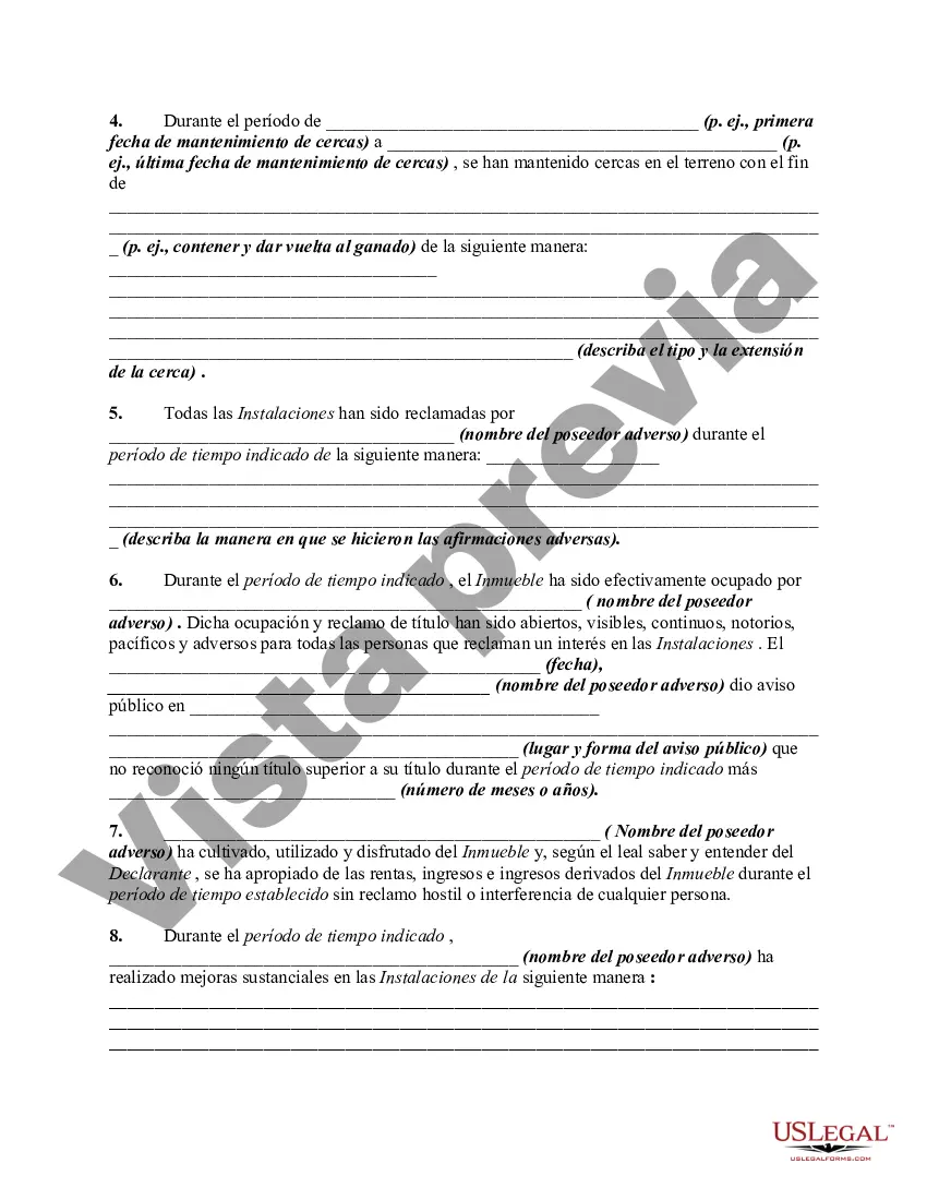 Preview Declaración jurada en apoyo del poseedor adverso por parte de un tercero que poseía la propiedad de manera adversa - Derechos de los ocupantes ilegales