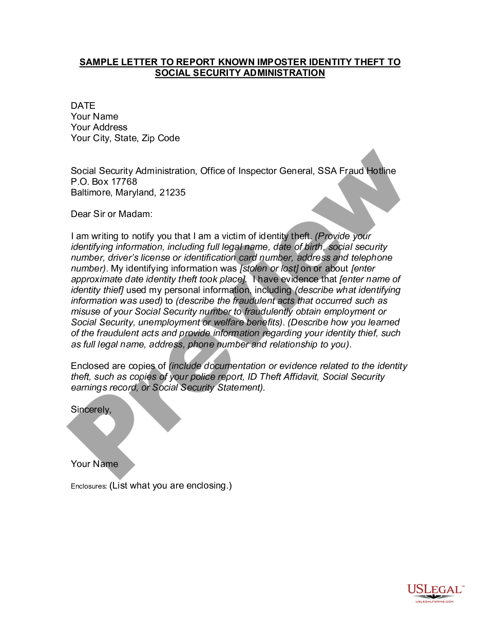 Letter To Report Known Imposter Identity Theft To Social Security Administration Report Known 3573