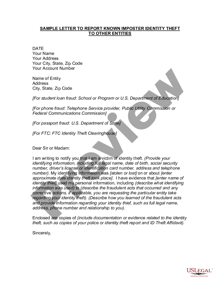 page 0 Letter to Report Known Imposter Identity Theft to Other Entities preview