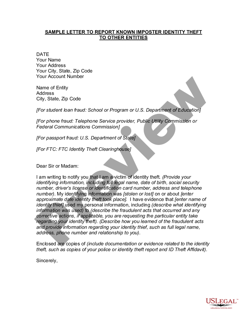 Sacramento California Letter To Report Known Imposter Identity Theft To Other Entities Us 8323