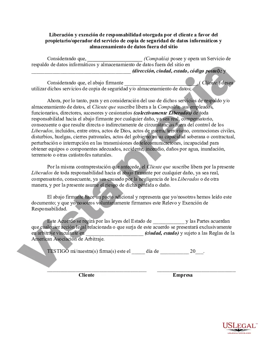 Preview Liberación y exención de responsabilidad otorgada por el cliente a favor del propietario/operador del servicio de copia de seguridad de datos informáticos y almacenamiento de datos fuera del sitio