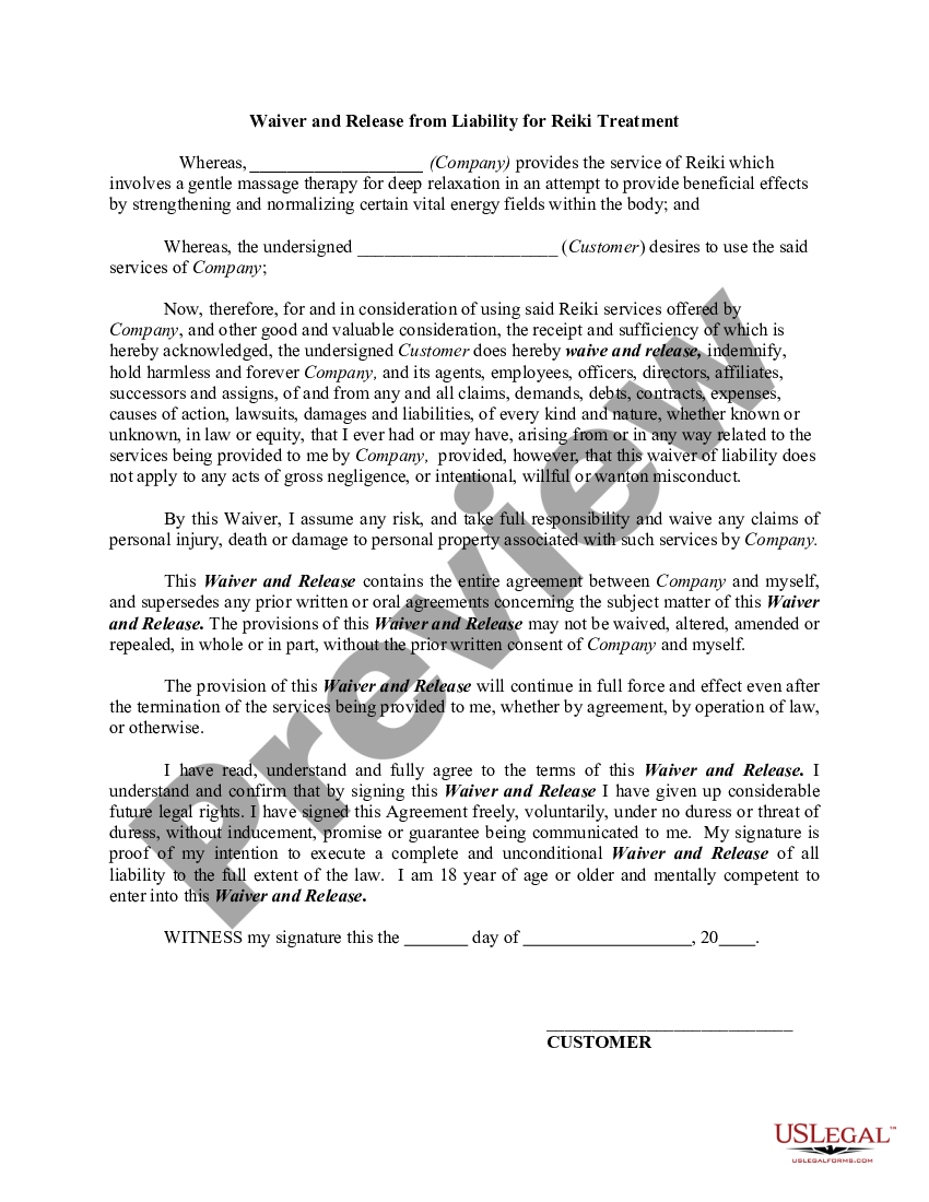 Missouri Waiver and Release from Liability for Reiki Treatment ...