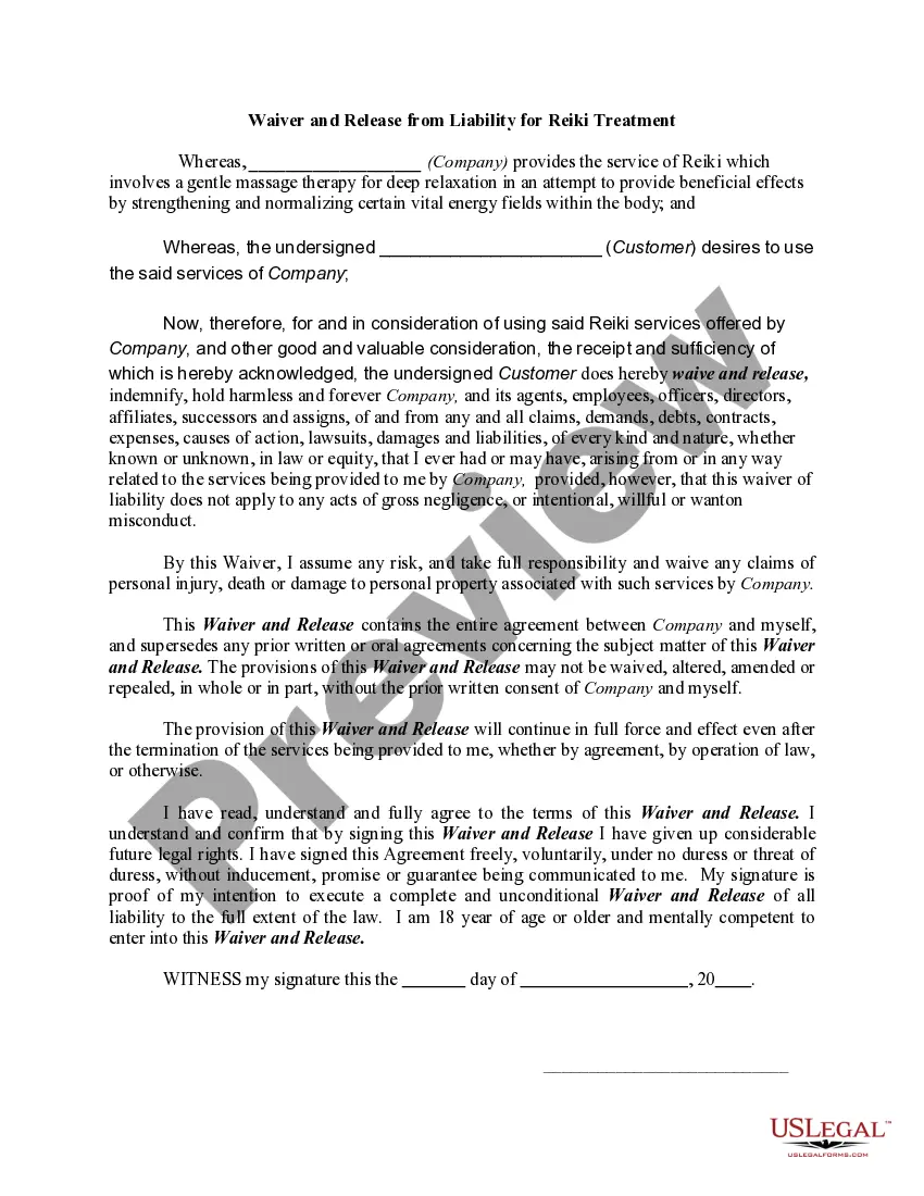 Preview Waiver and Release from Liability for Reiki Treatment