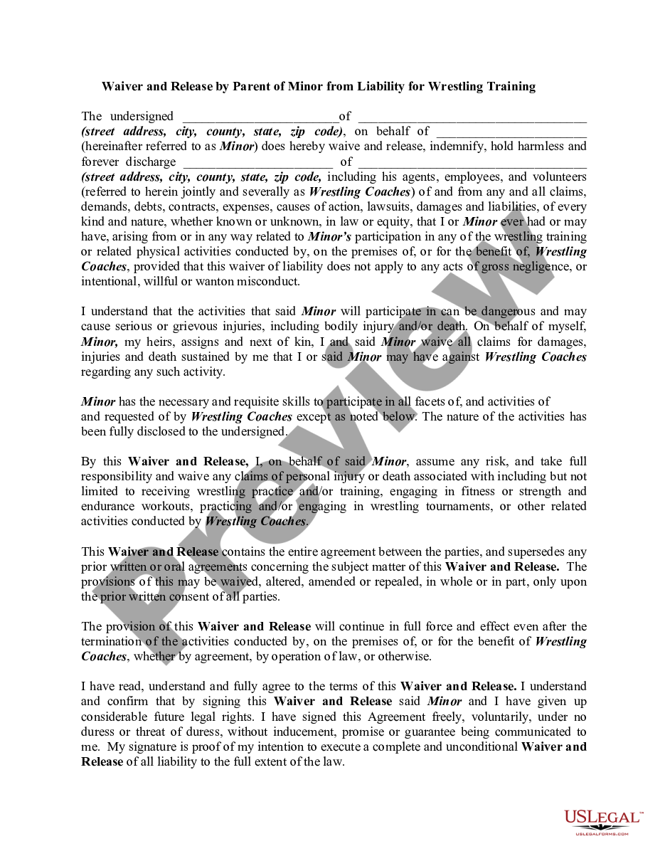 page 0 Waiver and Release by Parent of Minor from Liability for Wrestling Training preview