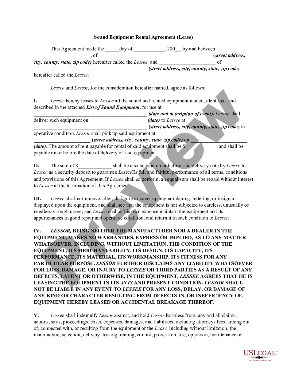 page 0 Sound Equipment Rental Agreement - Lease preview