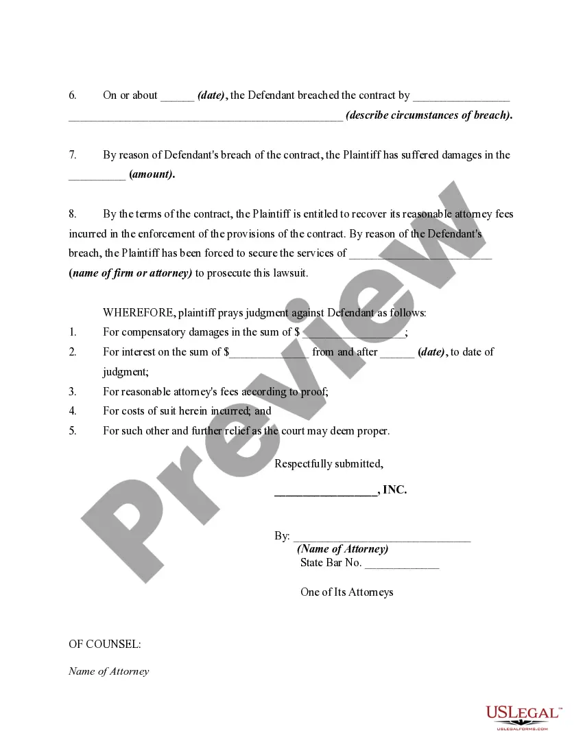 Get Complaint for Breach of Written Contract Seeking Damages and Attorneys Fees Preview Complaint for Breach of Written Contract Seeking Damages and Attorneys Fees