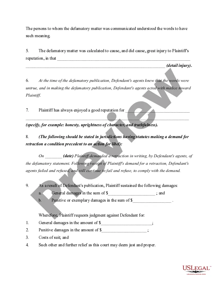 Get Complaint For Libel Against Publisher of Newspaper - Defamation of Character Preview Complaint For Libel Against Publisher of Newspaper - Defamation of Character
