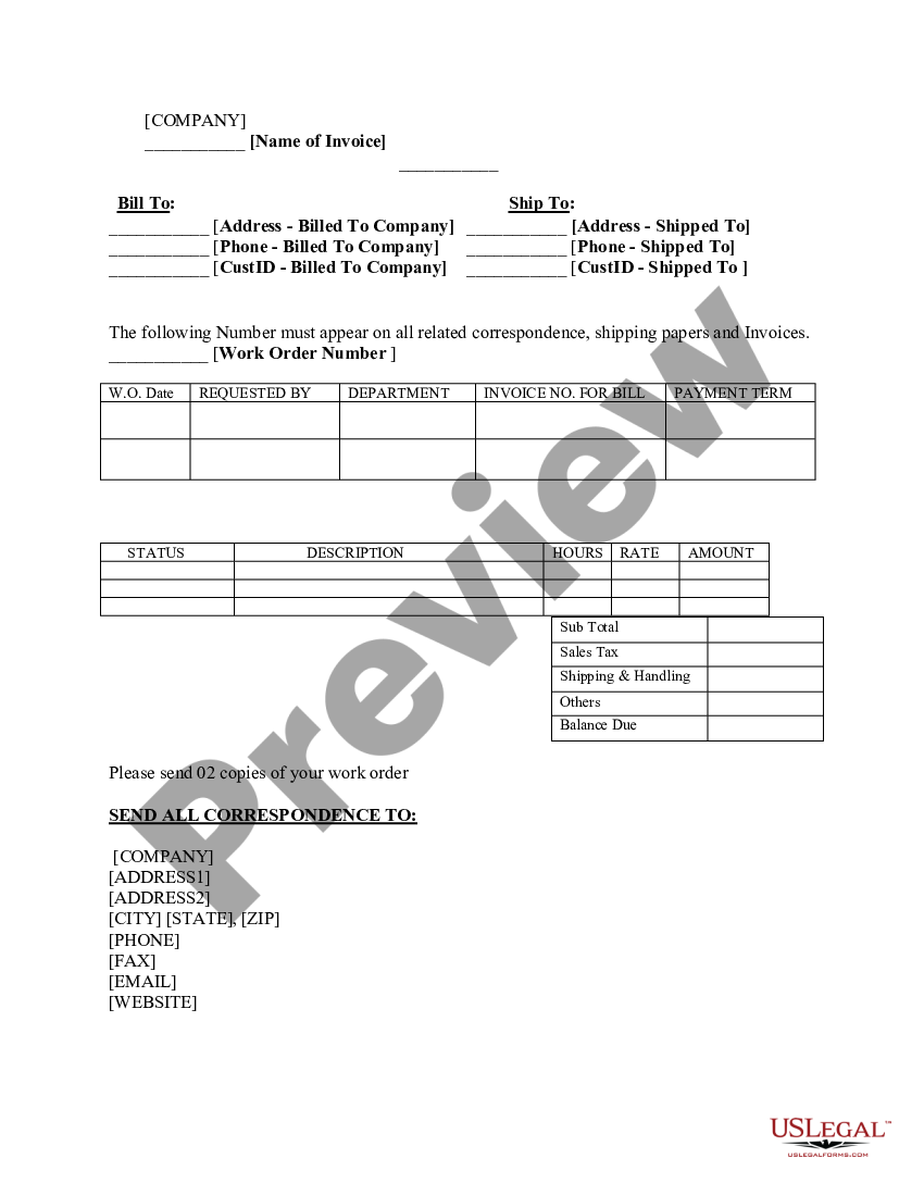 Work Order Invoice | US Legal Forms