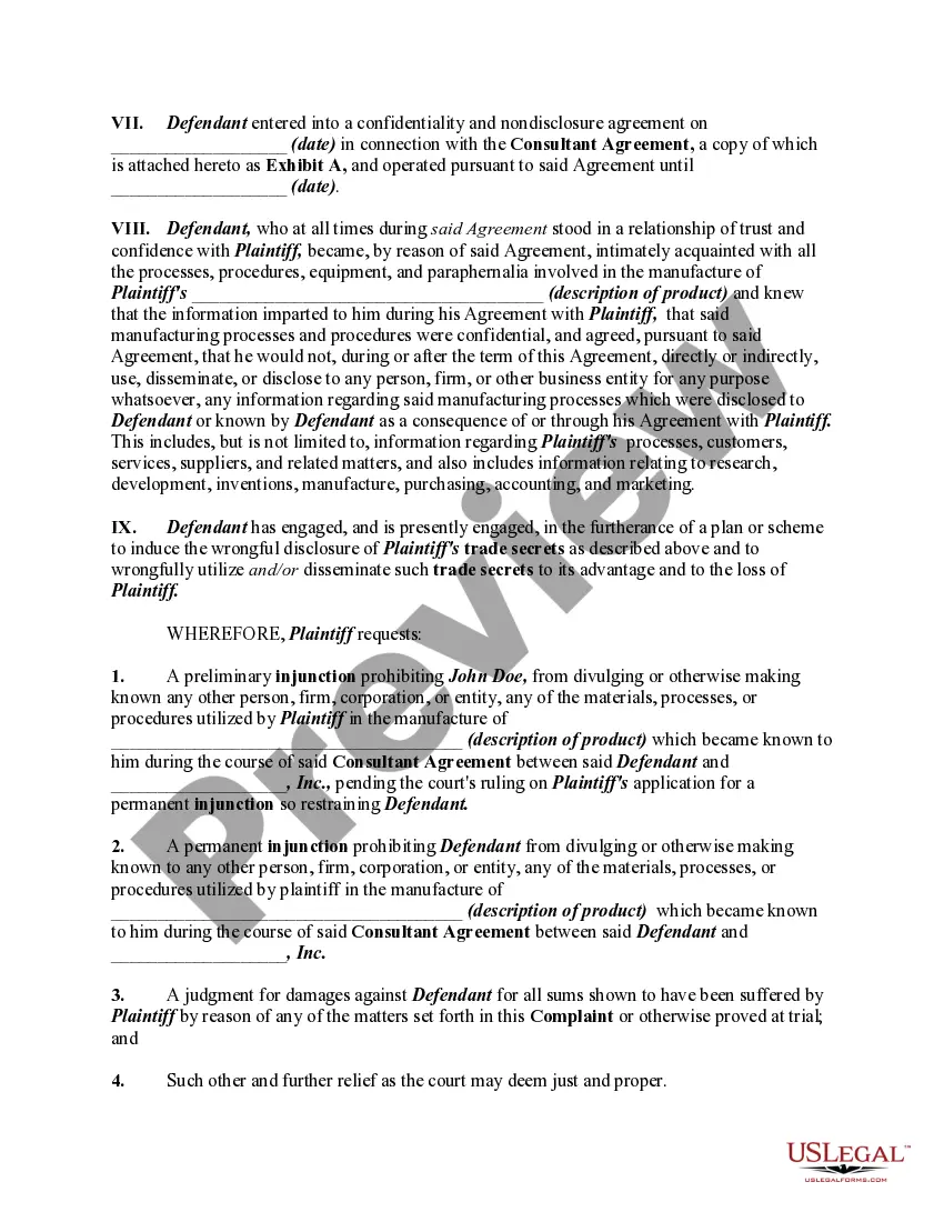 Preview Complaint in Federal Court for Wrongful Disclosure and Use of Trade Secrets For Damages and Injunctive Relief