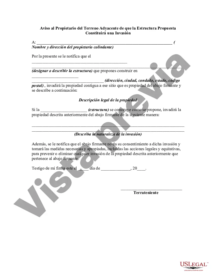 Preview Aviso al Propietario del Terreno Adyacente de que la Estructura Propuesta Constituirá una Invasión