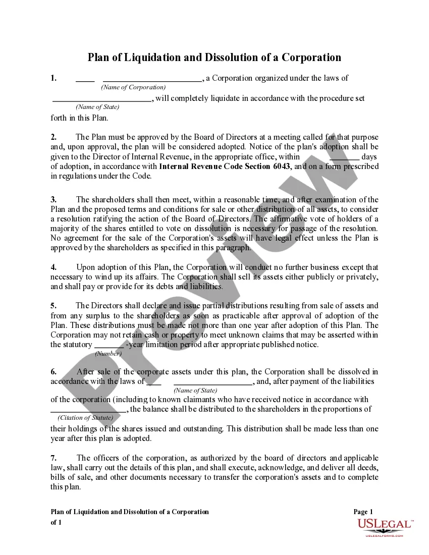 Get Plan of Liquidation and Dissolution of a Corporation Preview Plan of Liquidation and Dissolution of a Corporation