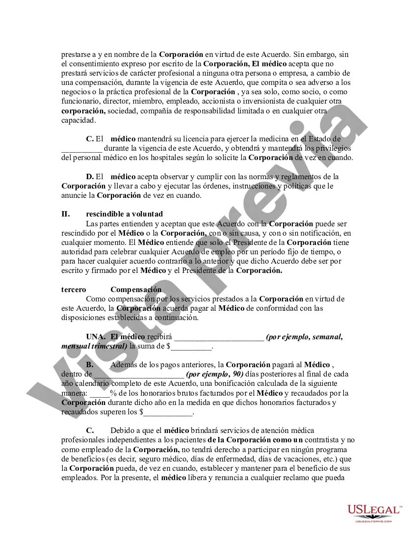Preview Acuerdo entre Médico como Contratista Independiente por Cuenta Propia y Corporación Profesional