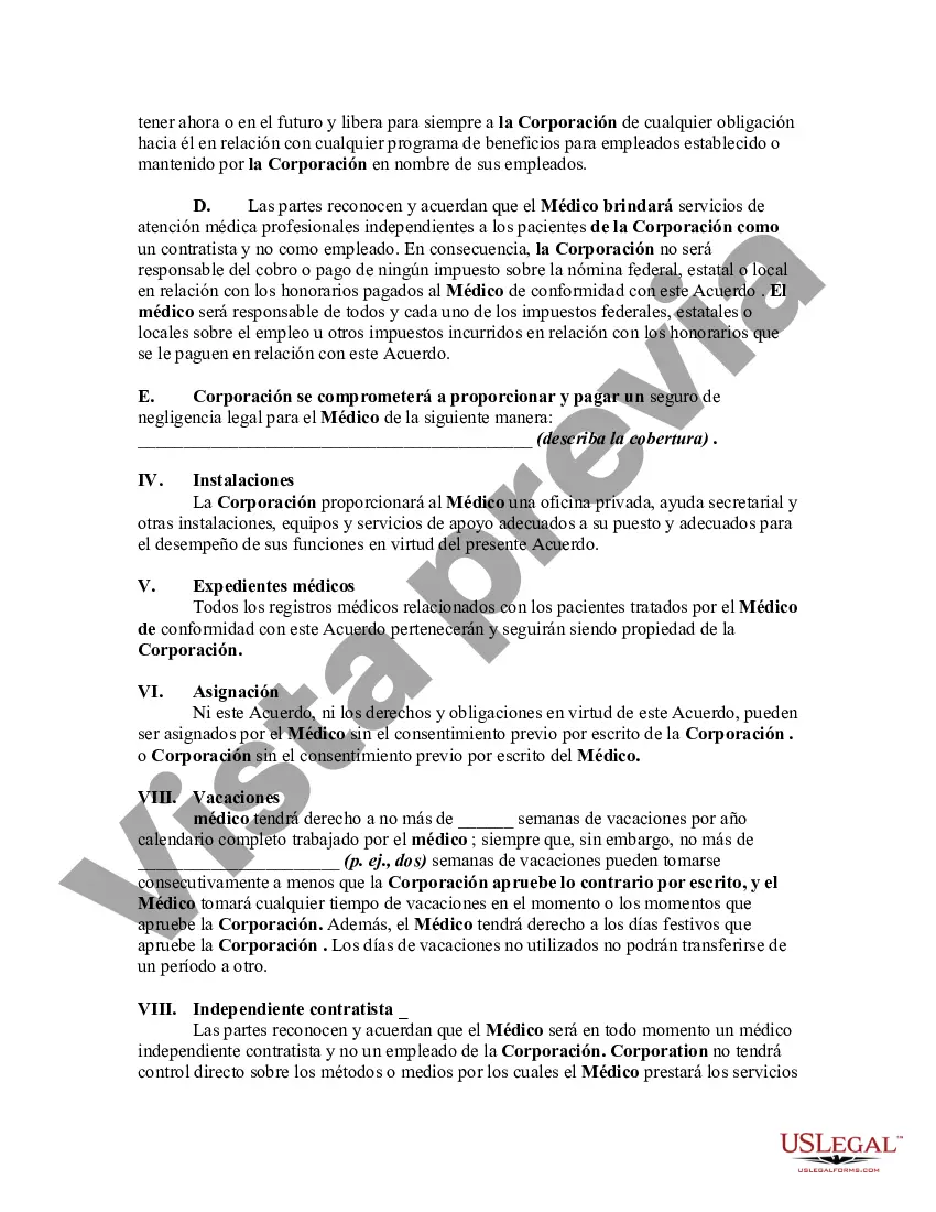 Preview Acuerdo entre Médico como Contratista Independiente por Cuenta Propia y Corporación Profesional
