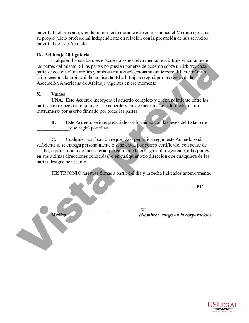Preview Acuerdo entre Médico como Contratista Independiente por Cuenta Propia y Corporación Profesional