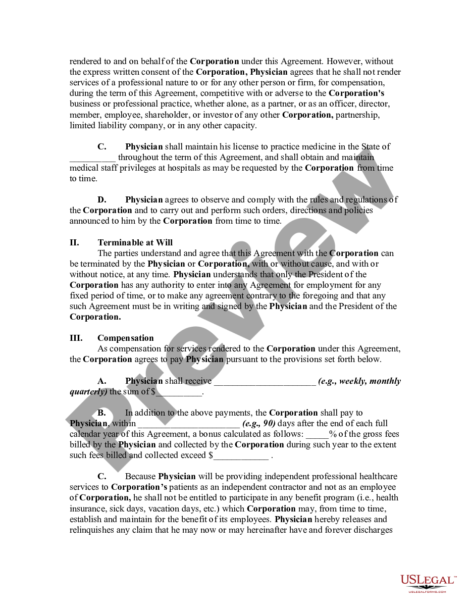 page 1 Agreement Between Physician as Self-Employed Independent Contractor and Professional Corporation preview