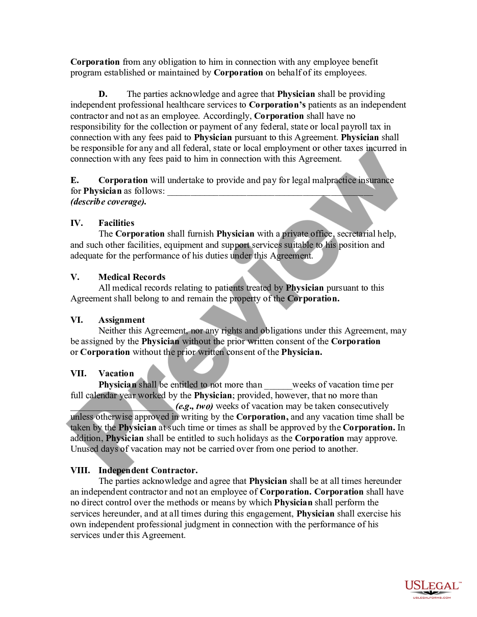 page 2 Agreement Between Physician as Self-Employed Independent Contractor and Professional Corporation preview
