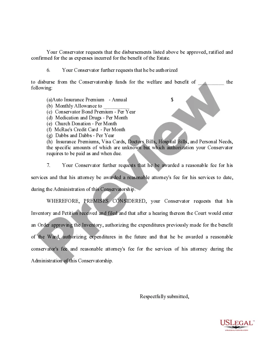 Get Inventory, Petition to Approve Expenses and Monthly Allowances, and for Other Relief Preview Inventory, Petition to Approve Expenses and Monthly Allowances, and for Other Relief