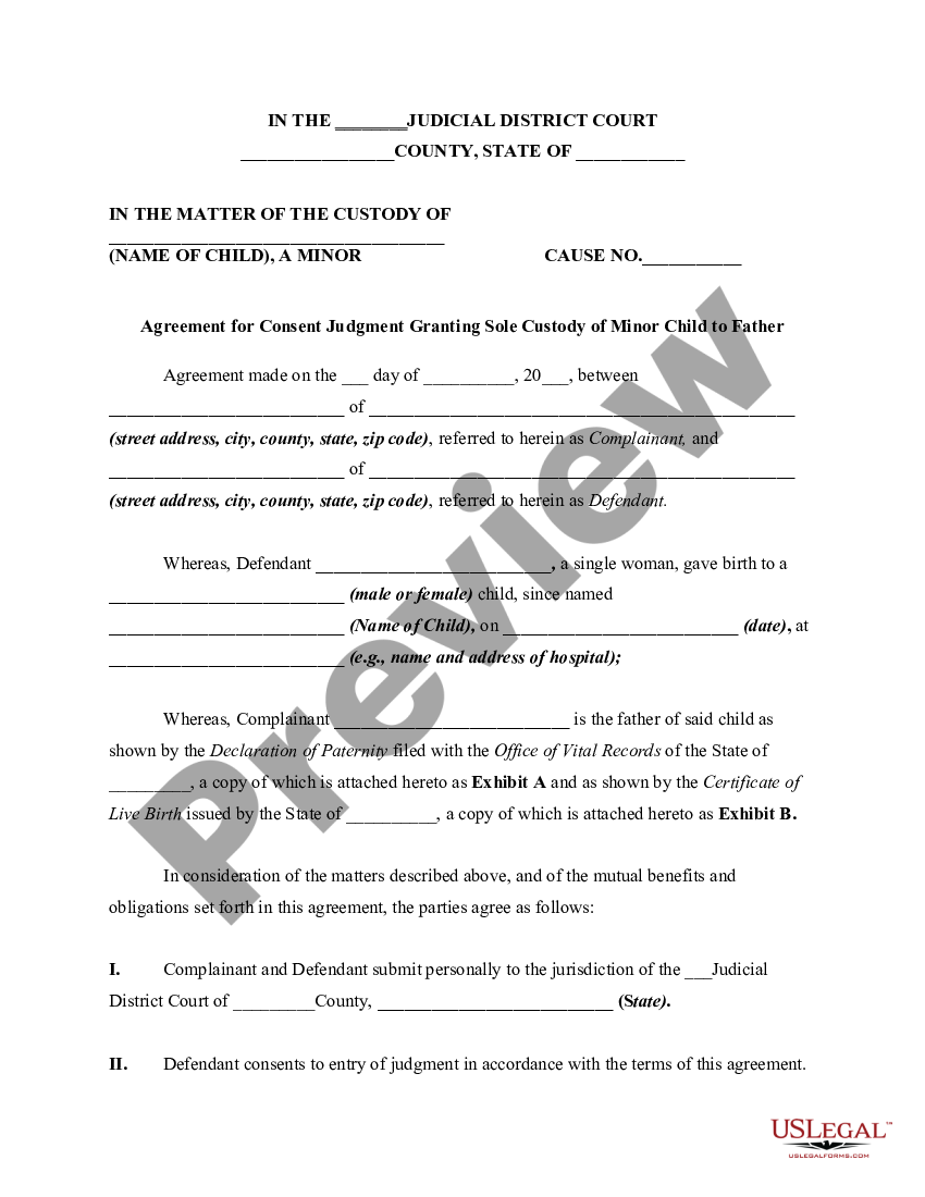 Agreement for Consent Judgment Granting Sole Custody of Minor Child to