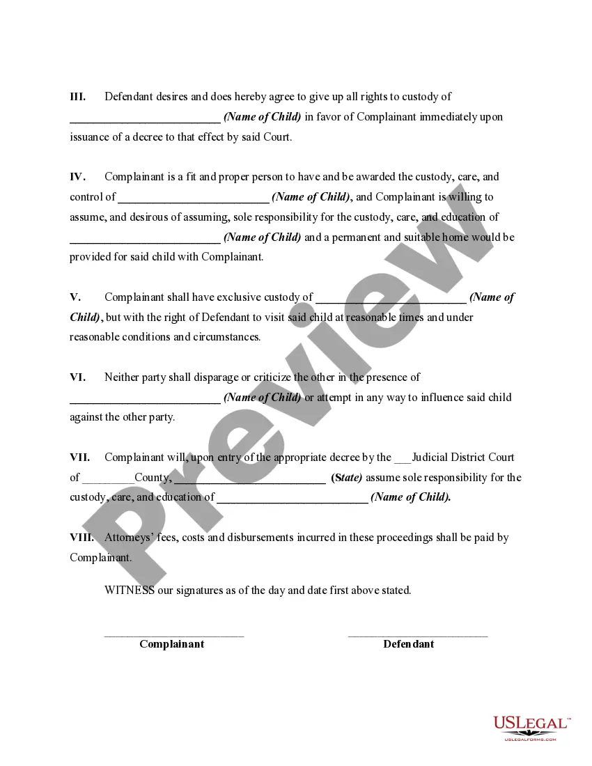 Get Agreement for Consent Judgment Granting Sole Custody of Minor Child to Father Preview Agreement for Consent Judgment Granting Sole Custody of Minor Child to Father
