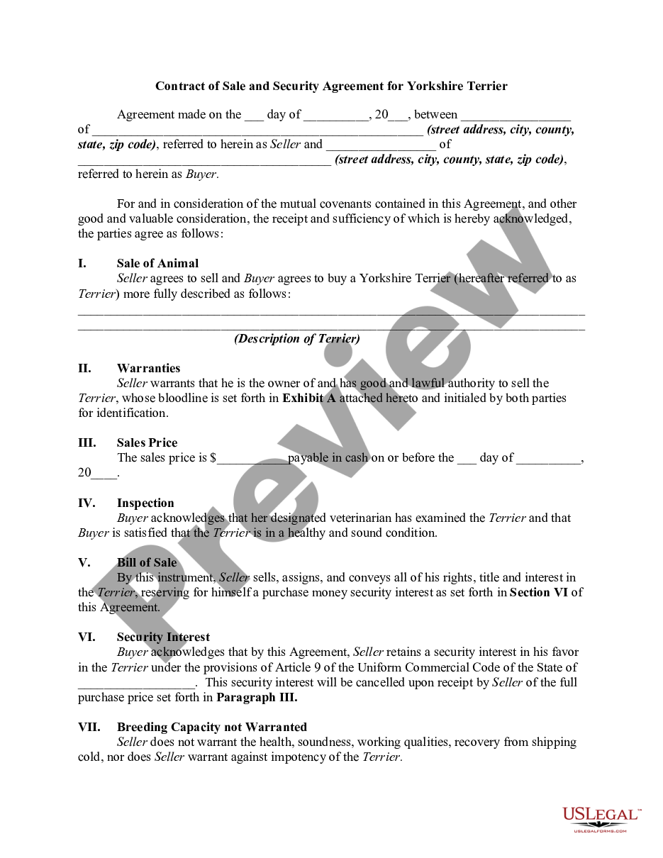 page 0 Contract of Sale and Security Agreement for Yorkshire Terrier preview