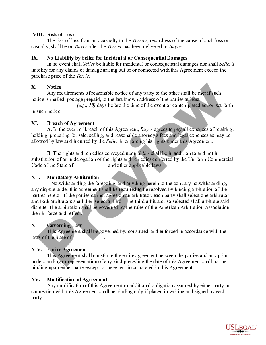 page 1 Contract of Sale and Security Agreement for Yorkshire Terrier preview